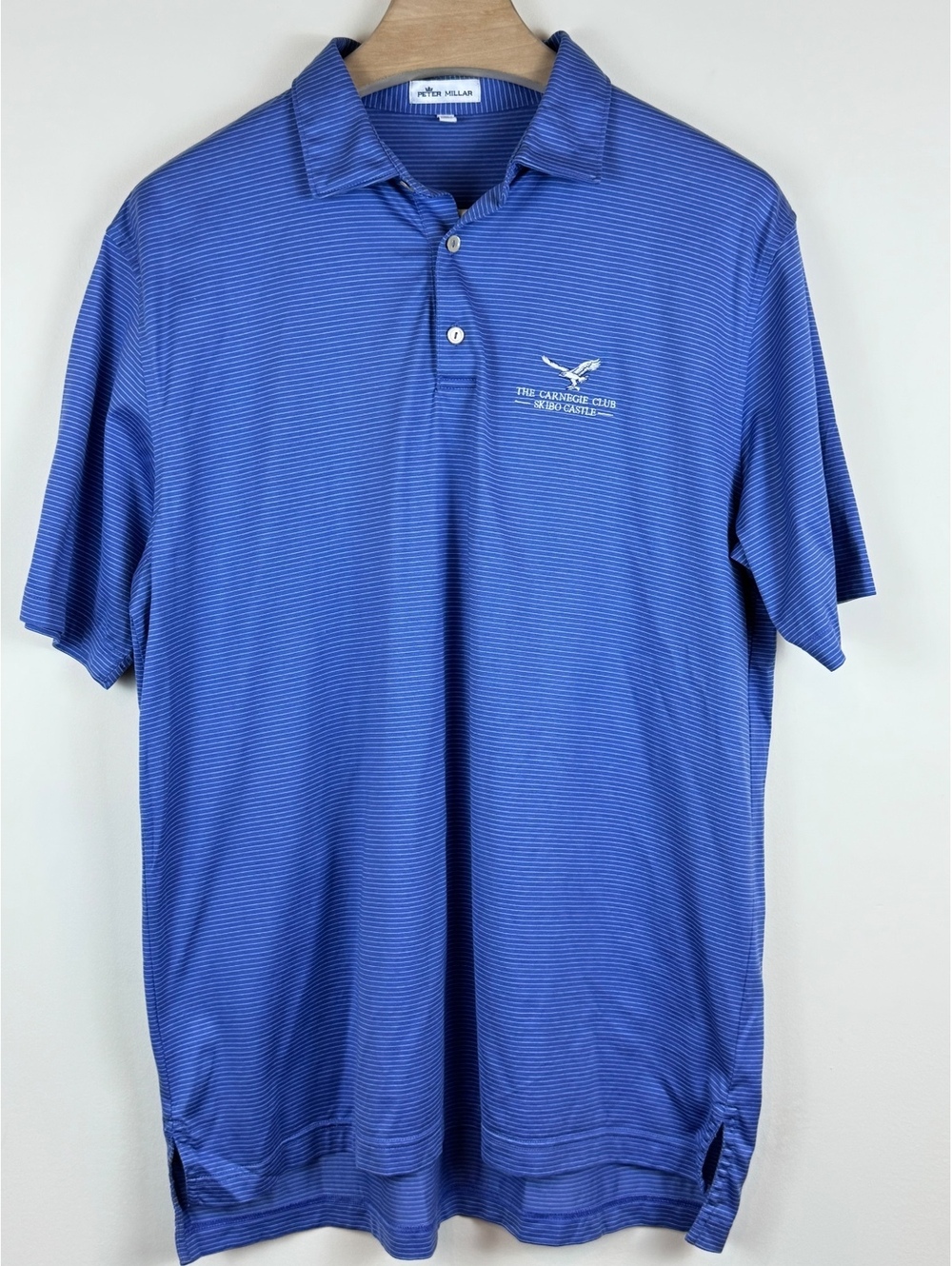 Peter Millar Carnegie Club Skibo Castle Blue Striped Golf Polo Shirt Mens L